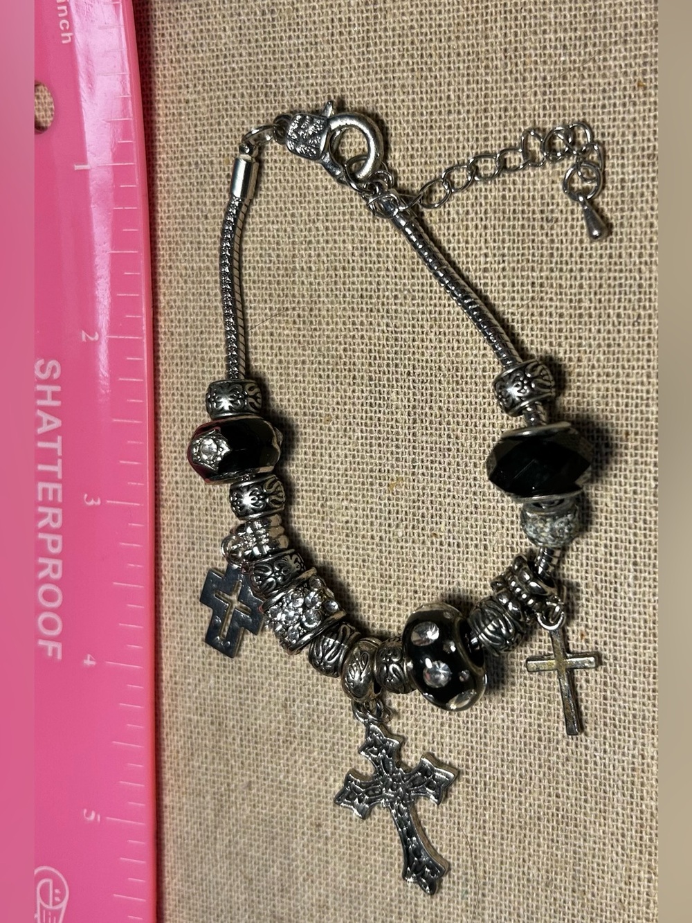 Silver-Tone Black Bead Cross Charm Bracelet